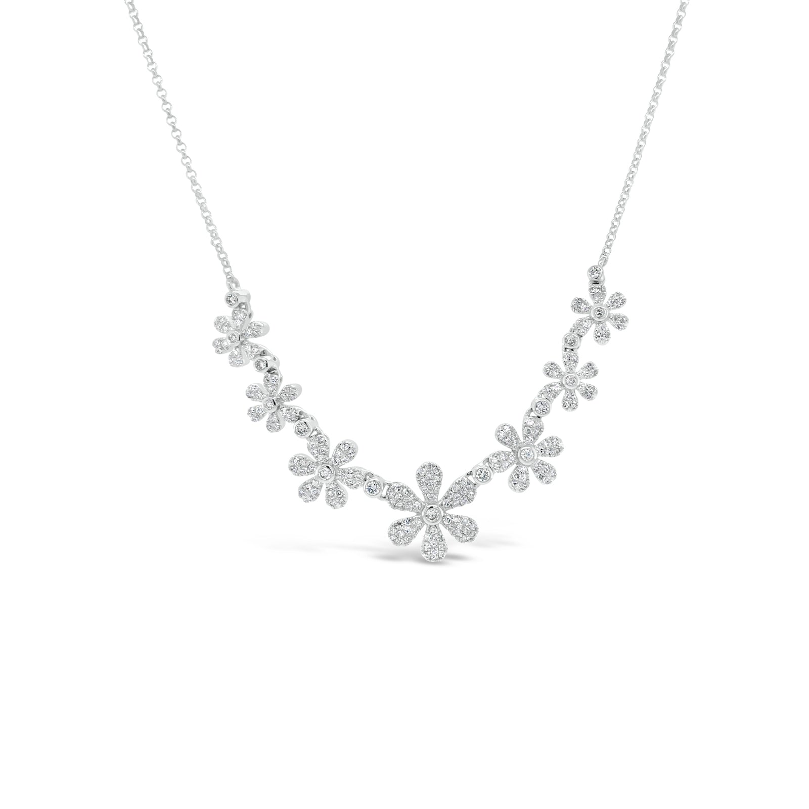 Diamond Daisy Chain Necklace  -14K gold weighing 5.39 grams  -15 round diamonds totaling 0.14 ct  -192 round pave-set diamonds totaling 0.48 carats