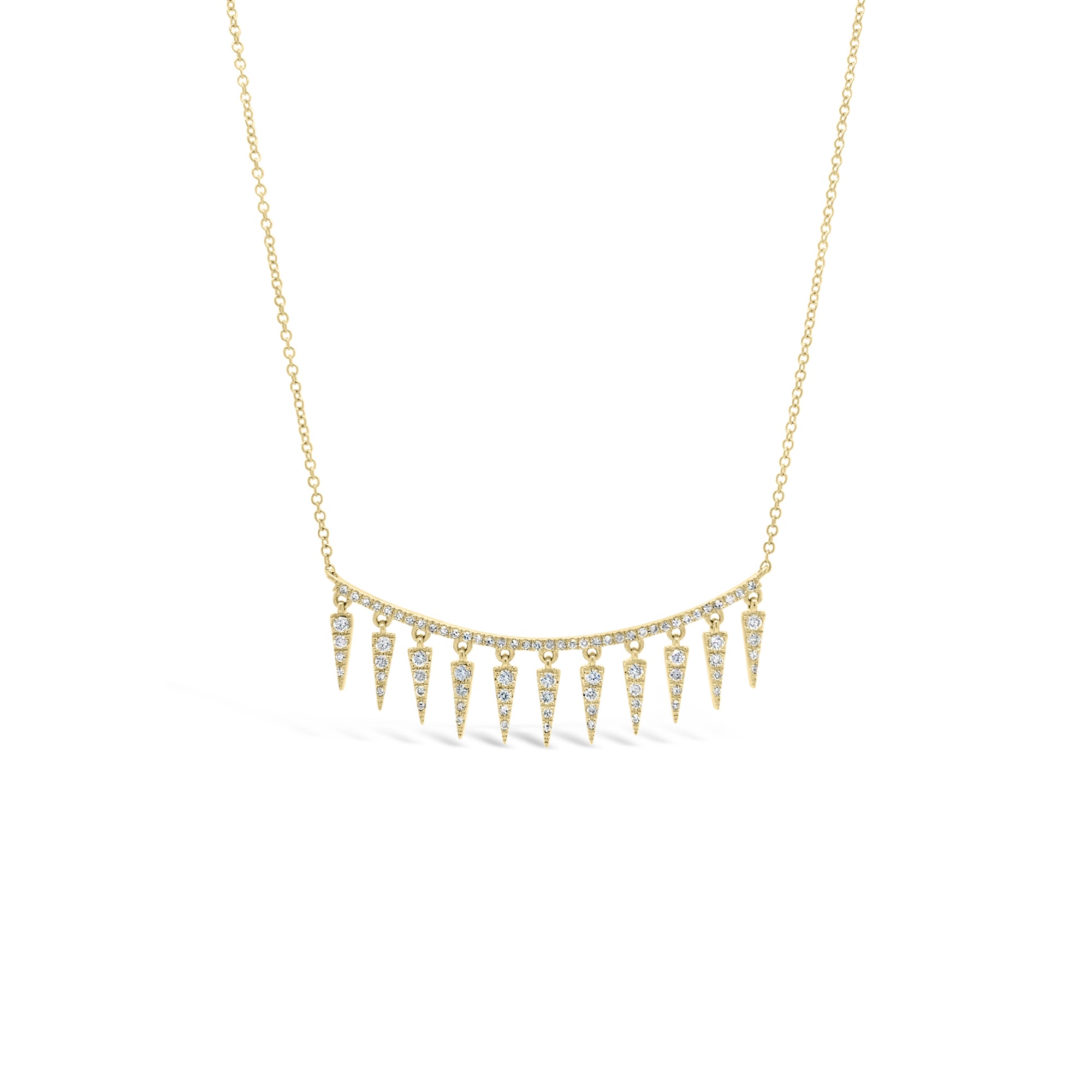 Diamond Spike Necklace Bar   -14K gold weighing 2.95 grams  -81 round diamonds totaling 0.38 carats