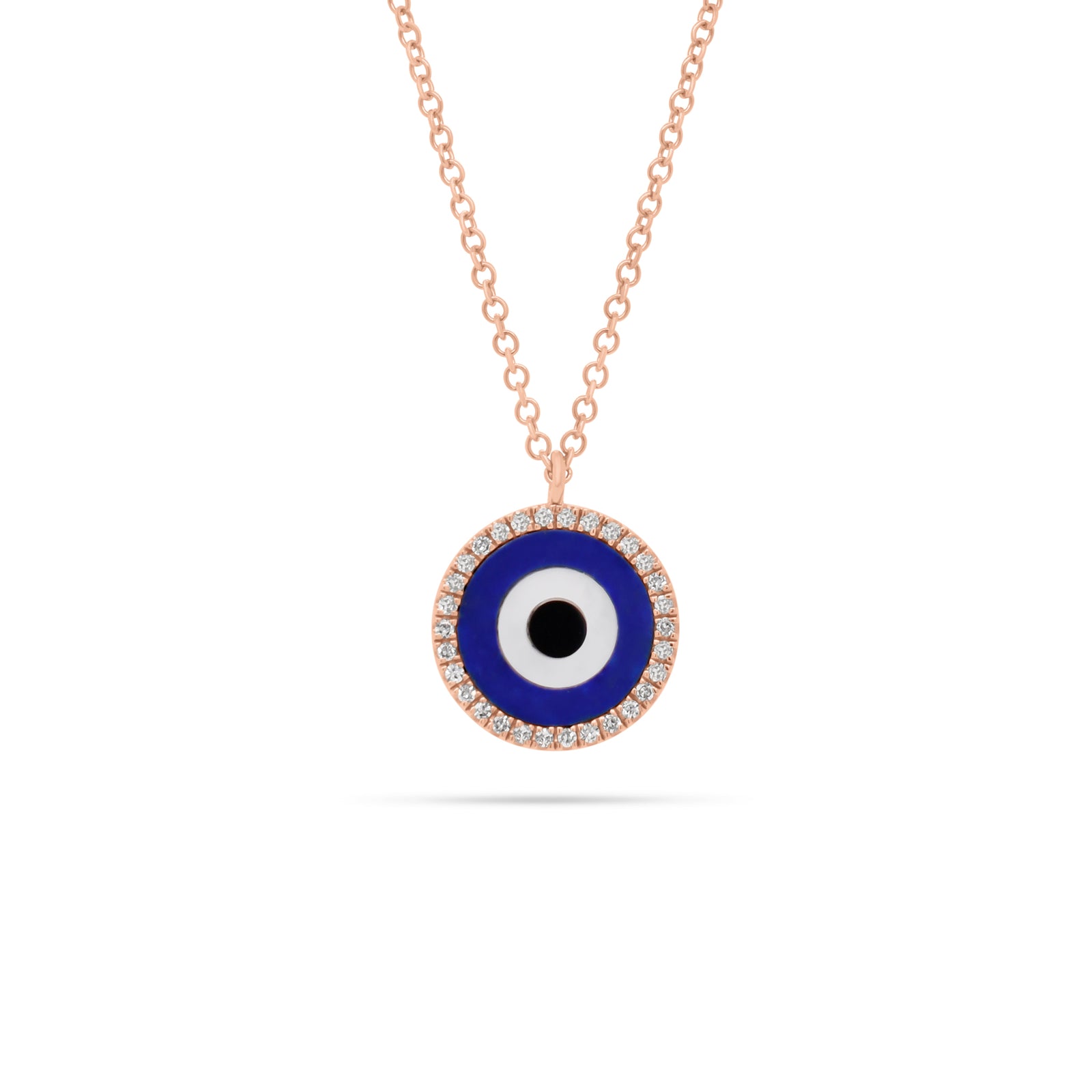 Lapis & Diamond Evil Eye Pendant  - 14K rose gold weighing 2.30 grams  - 30 round diamonds totaling 0.10 carats  - 0.47 ct lapis