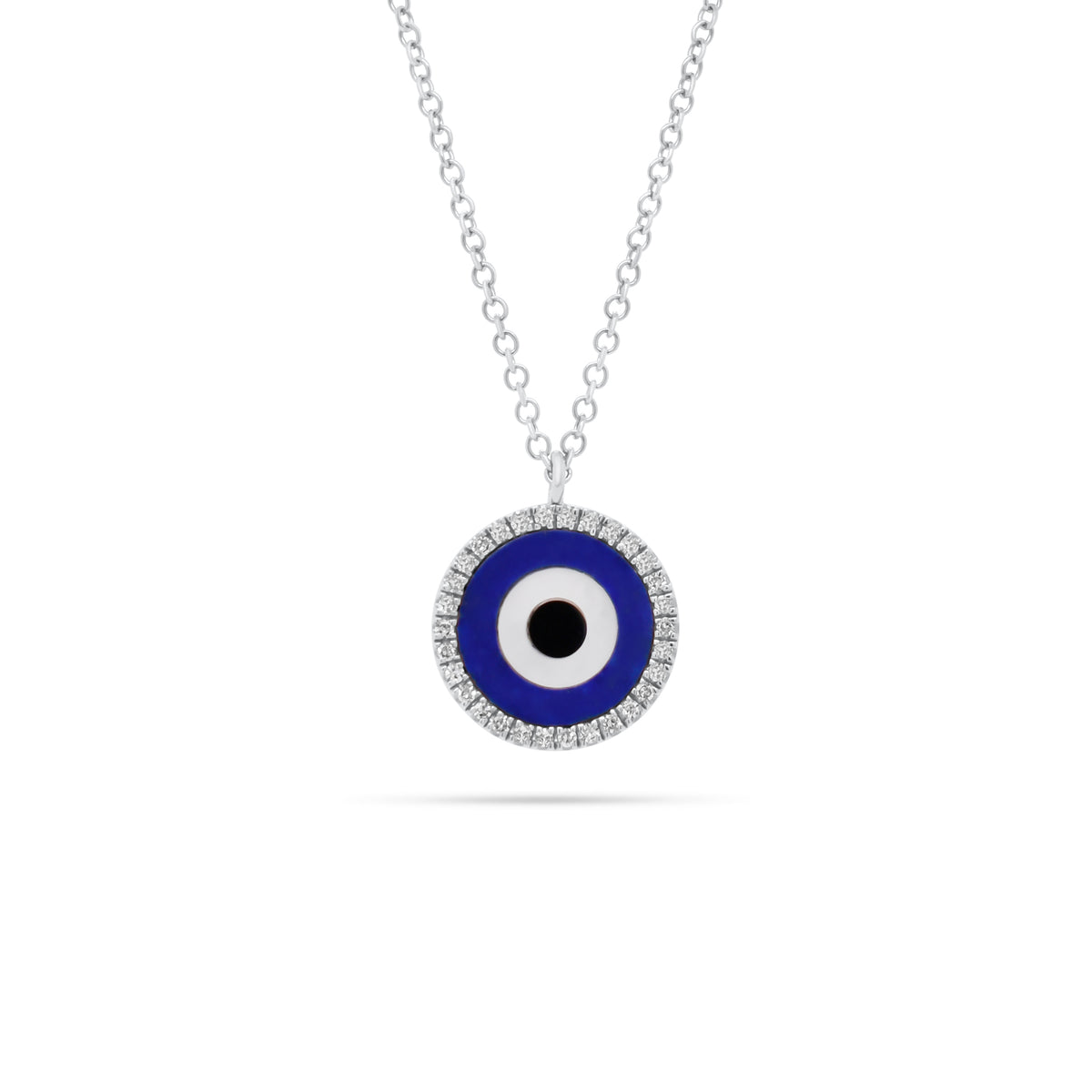 Lapis & Diamond Evil Eye Pendant  - 14K white gold weighing 2.30 grams  - 30 round diamonds totaling 0.10 carats  - 0.47 ct lapis