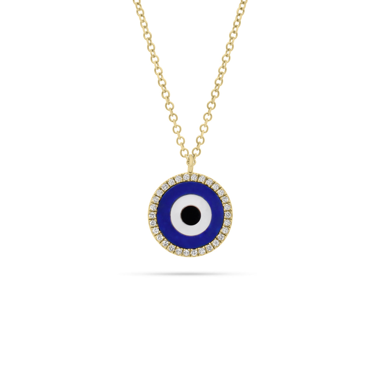 Lapis & Diamond Evil Eye Pendant  - 14K yellow gold weighing 2.30 grams  - 30 round diamonds totaling 0.10 carats  - 0.47 ct lapis