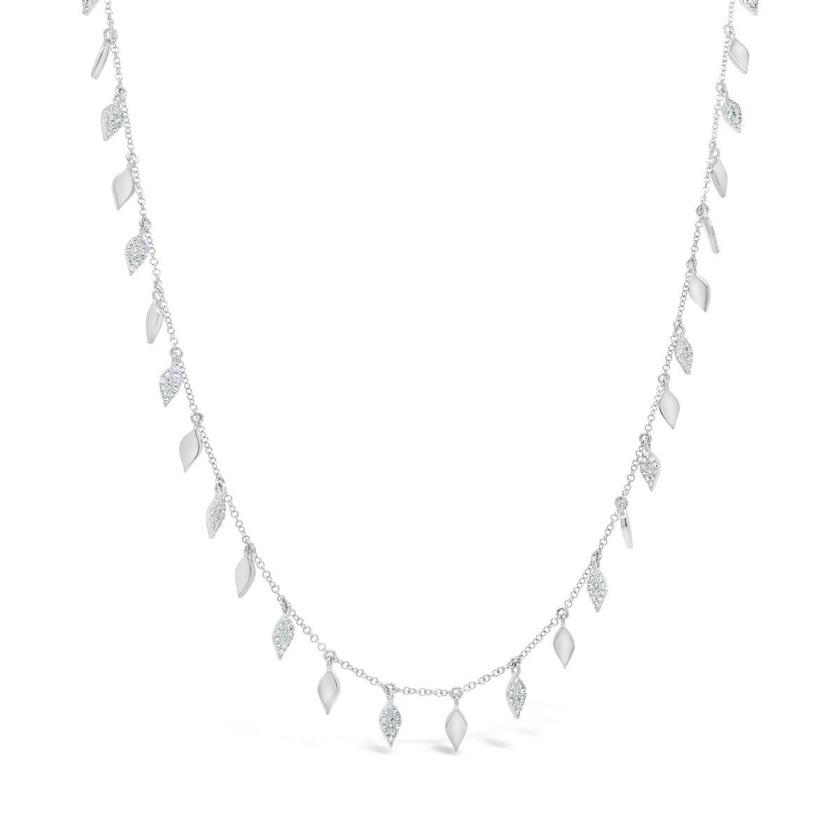 Diamond & Gold Leaf Dangle Necklace  -14K gold weighing 6.97 grams  -180 round diamonds totaling 0.42 carats