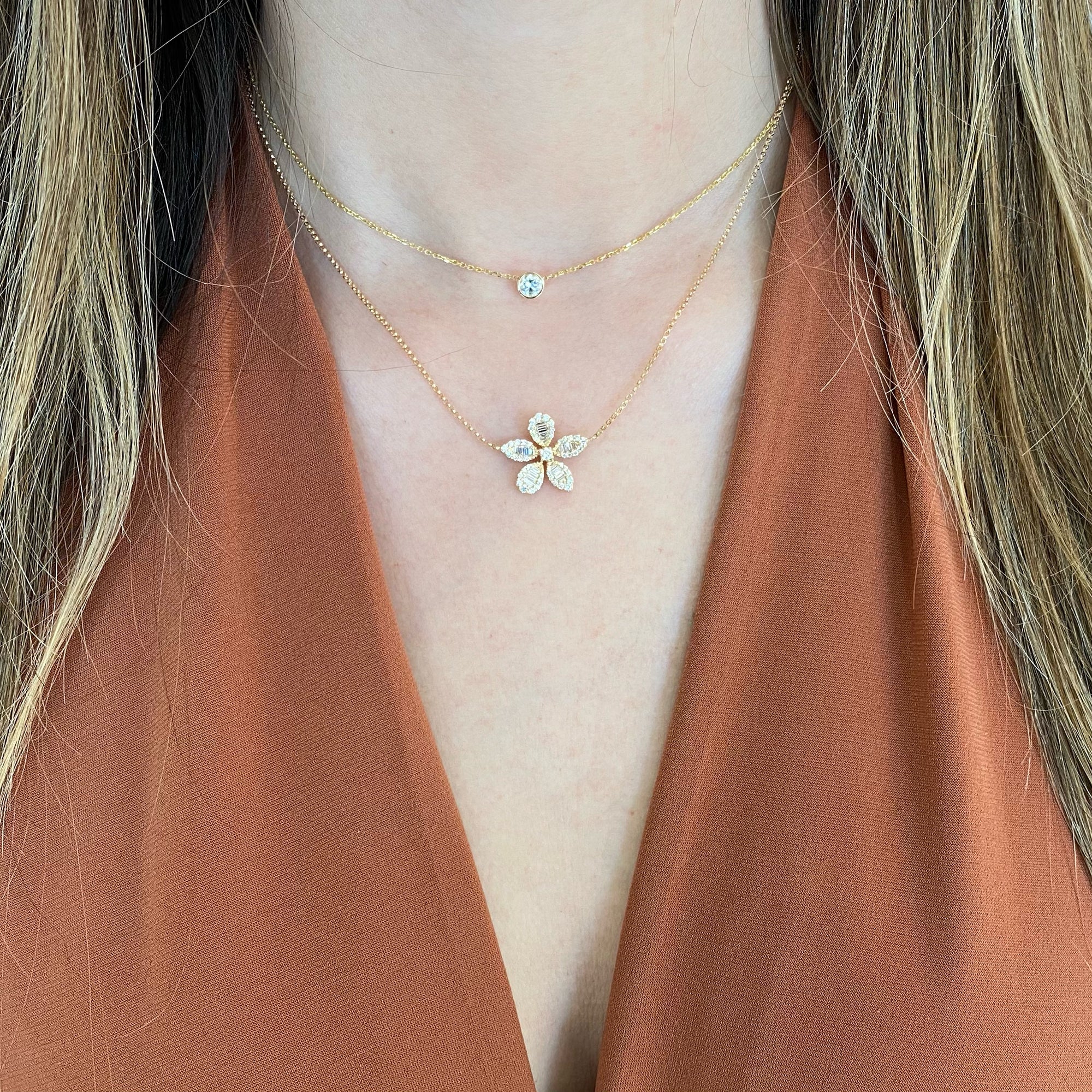 Baguette Diamond Flower Necklace - 14K yellow gold weighing 3.45 grams - 20 slim baguettes totaling 0.29 carats - 46 round diamonds totaling 0.38 carats