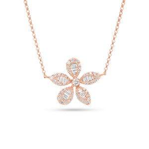 Baguette Diamond Flower Necklace - 14K rose gold weighing 3.45 grams - 20 slim baguettes totaling 0.29 carats - 46 round diamonds totaling 0.38 carats