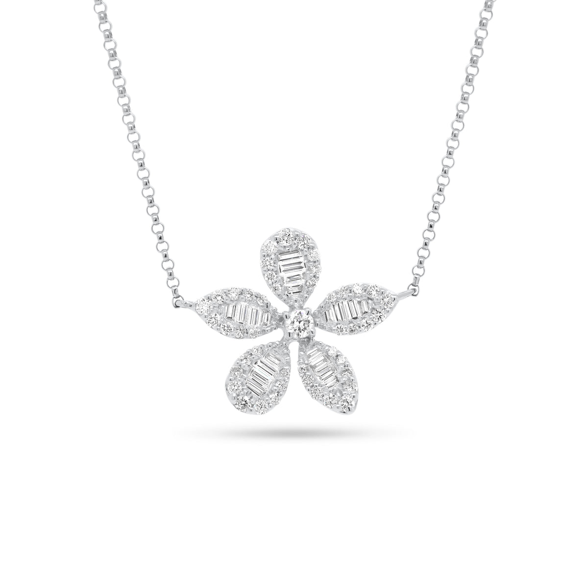 Baguette Diamond Flower Necklace - 14K white gold weighing 3.45 grams - 20 slim baguettes totaling 0.29 carats - 46 round diamonds totaling 0.38 carats
