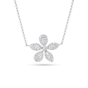 Baguette Diamond Flower Necklace - 14K white gold weighing 3.45 grams - 20 slim baguettes totaling 0.29 carats - 46 round diamonds totaling 0.38 carats