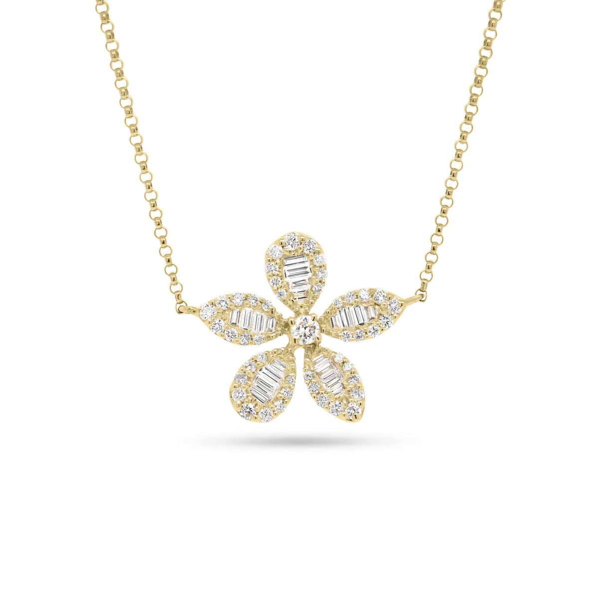 Baguette Diamond Flower Necklace - 14K yellow gold weighing 3.45 grams - 20 slim baguettes totaling 0.29 carats - 46 round diamonds totaling 0.38 carats