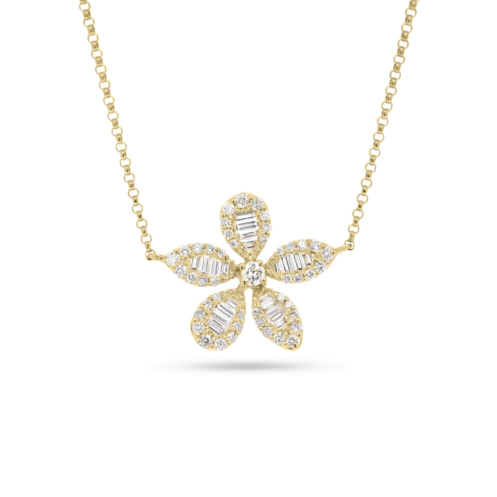 Baguette Diamond Flower Necklace - 14K yellow gold weighing 3.45 grams - 20 slim baguettes totaling 0.29 carats - 46 round diamonds totaling 0.38 carats