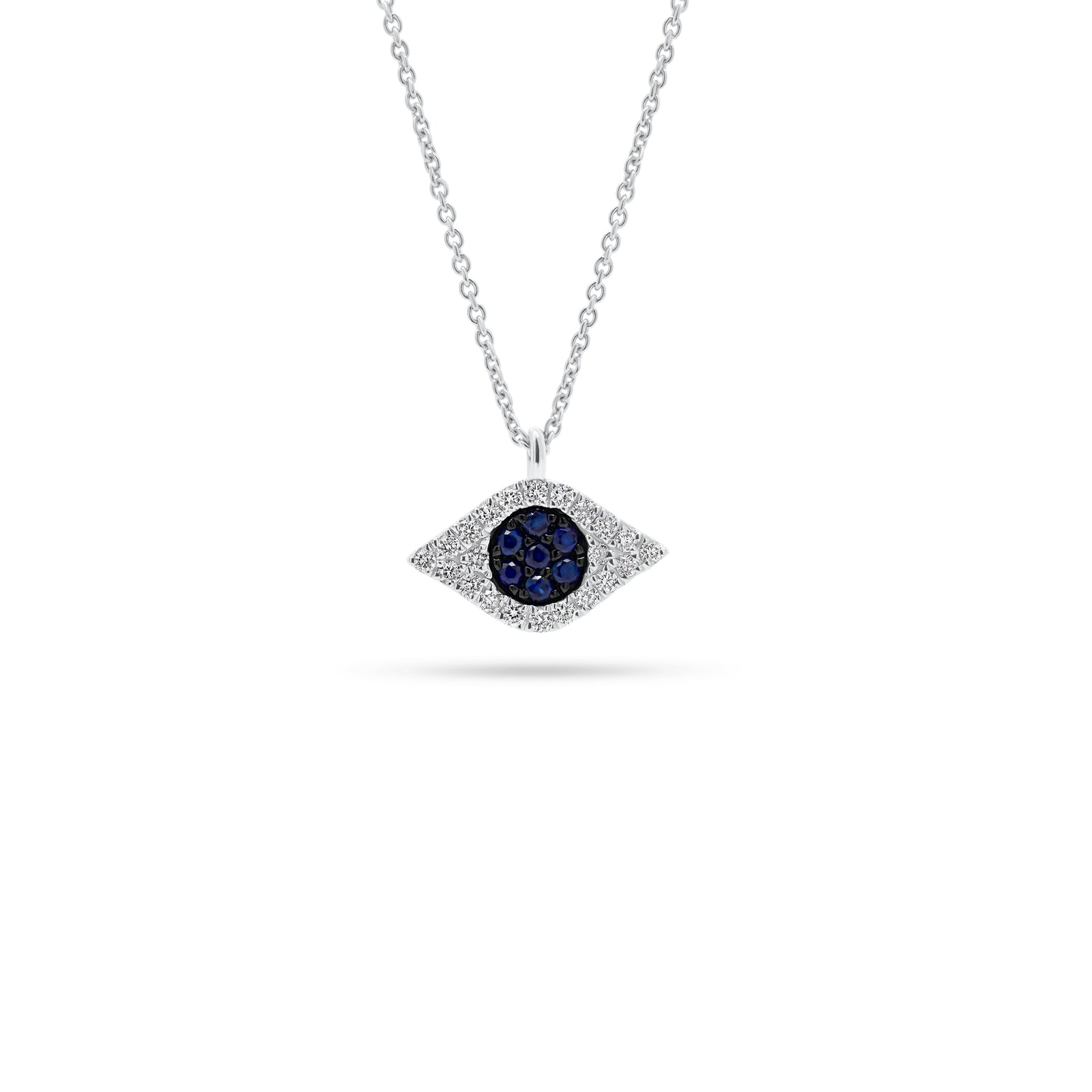 Sapphire & Diamond Evil Eye Pendant  - 14K gold weighing 1.67 grams  - 22 round diamonds totaling 0.13 carats  - 7 sapphires totaling 0.08 carats