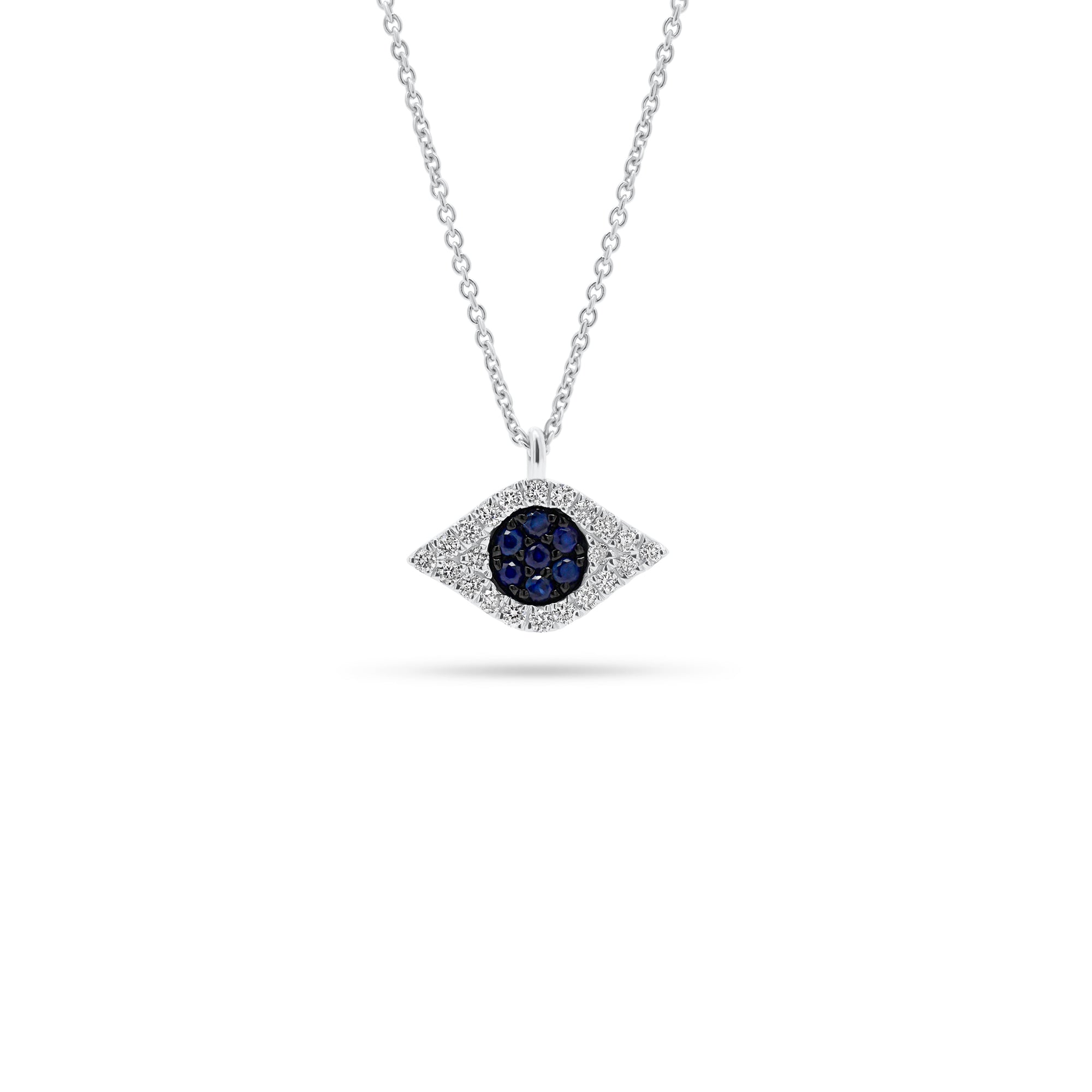 Sapphire & Diamond Evil Eye Pendant  - 14K gold weighing 1.67 grams  - 22 round diamonds totaling 0.13 carats  - 7 sapphires totaling 0.08 carats