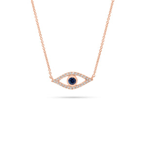Sapphire & Diamond Open Evil Eye Pendant  - 14K rose gold weighing 1.77 grams  - 26 round diamonds totaling 0.07 carats  - 0.11 ct sapphire