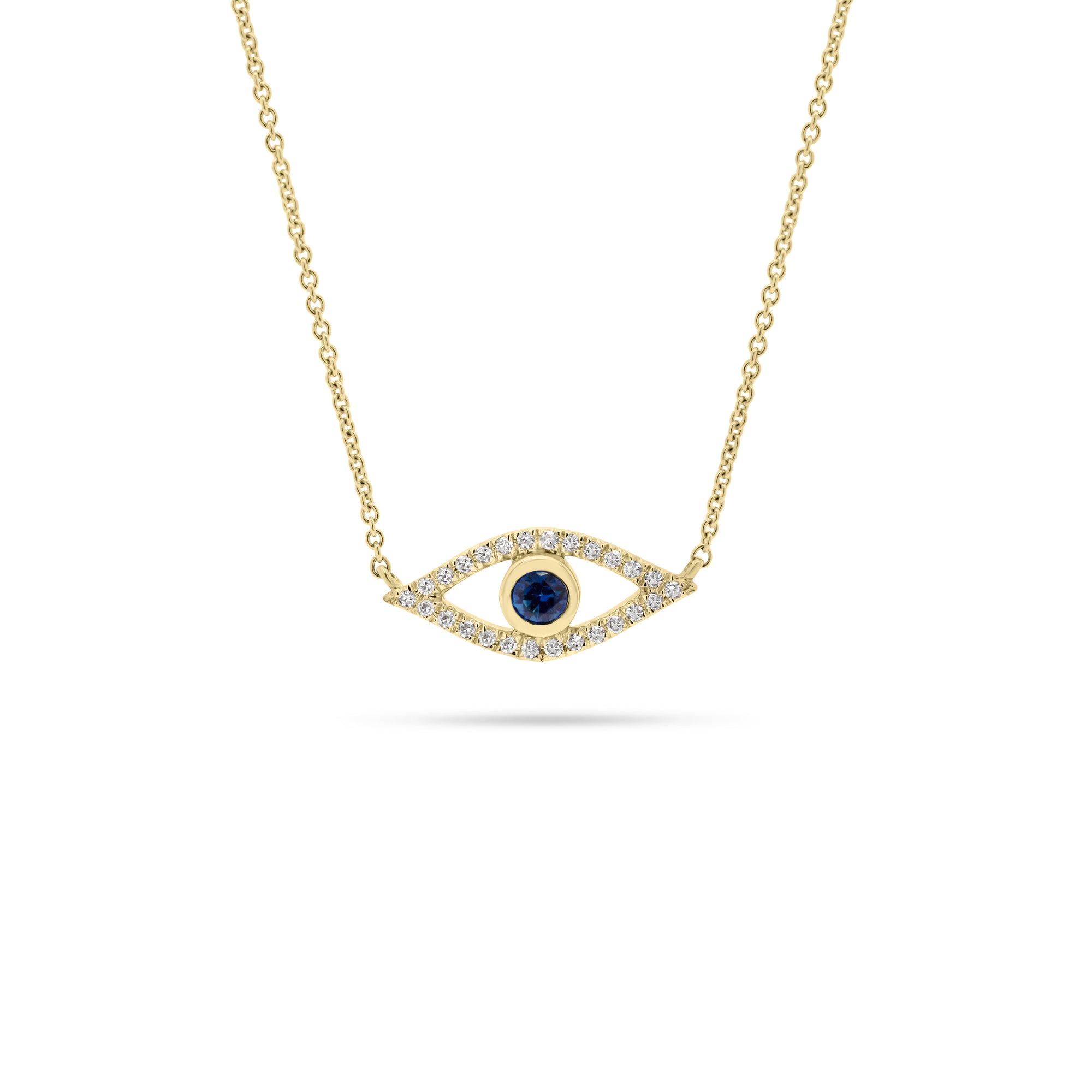Sapphire & Diamond Open Evil Eye Pendant  - 14K yellow gold weighing 1.77 grams  - 26 round diamonds totaling 0.07 carats  - 0.11 ct sapphire