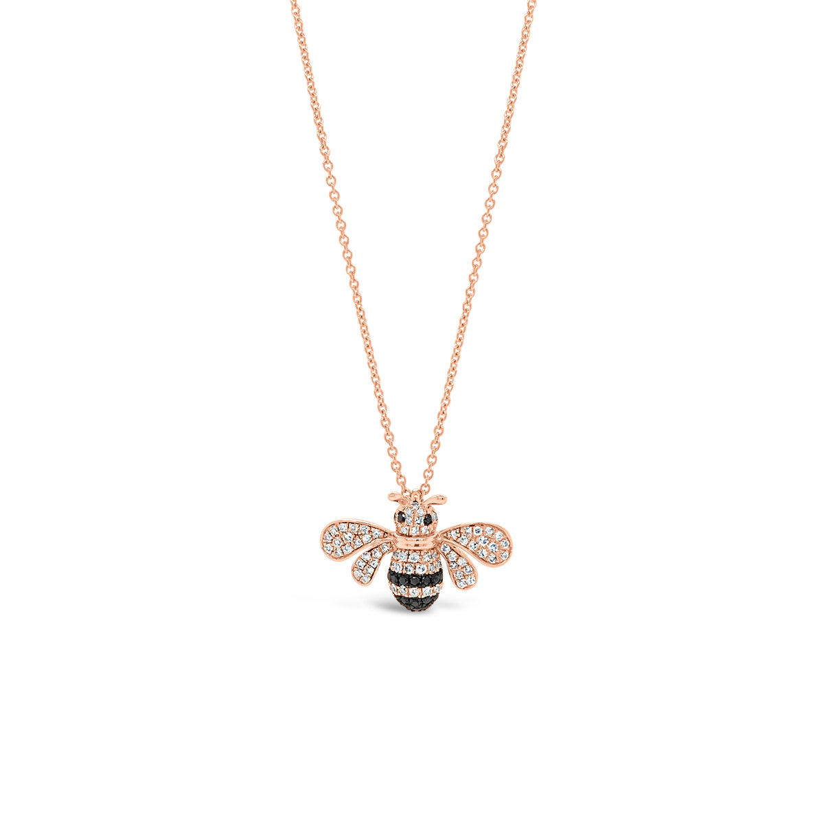Solid 14K rose gold 1.98 grams with 70 rounds diamonds and 17 black diamonds Bee Pendant | Nuha Jewelers