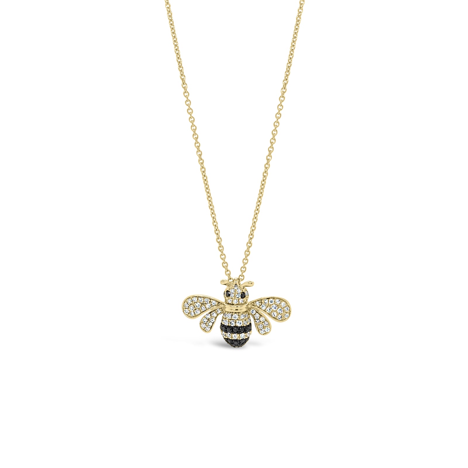 Solid 14K yellow gold 1.98 grams with 70 rounds diamonds and 17 black diamonds Bee Pendant | Nuha Jewelers