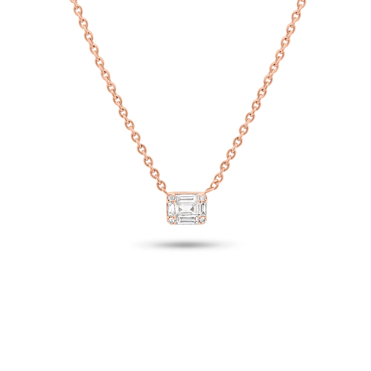 Emerald Illusion Pendant Necklace - 14K rose gold weighing 2.24 grams - 4 round diamonds weighing 0.01 carats - 5 slim baguettes weighing 0.11 carats