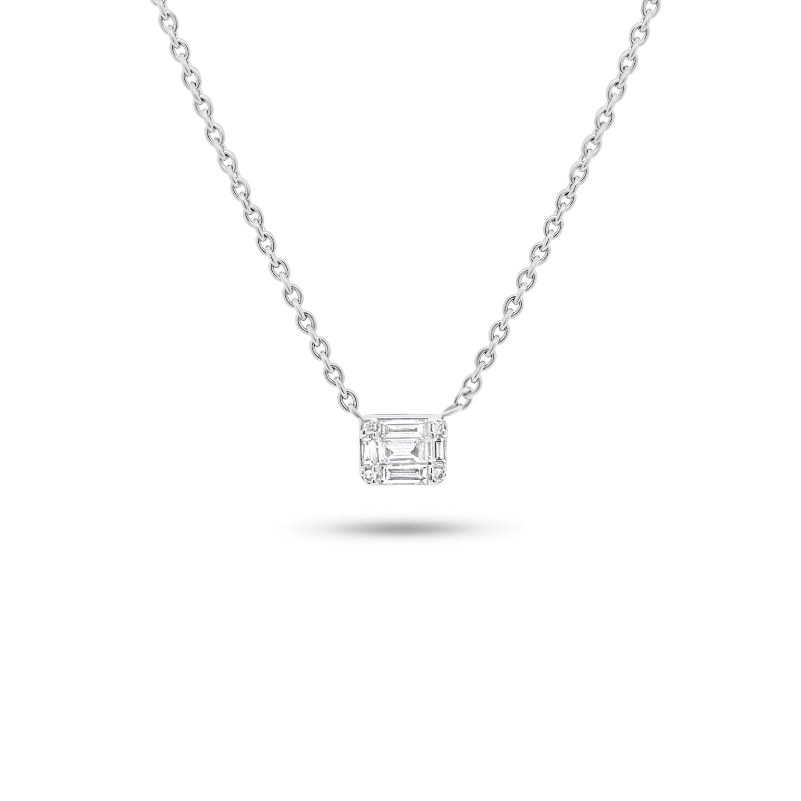 Emerald Illusion Pendant Necklace - 14K white gold weighing 2.24 grams - 4 round diamonds weighing 0.01 carats - 5 slim baguettes weighing 0.11 carats