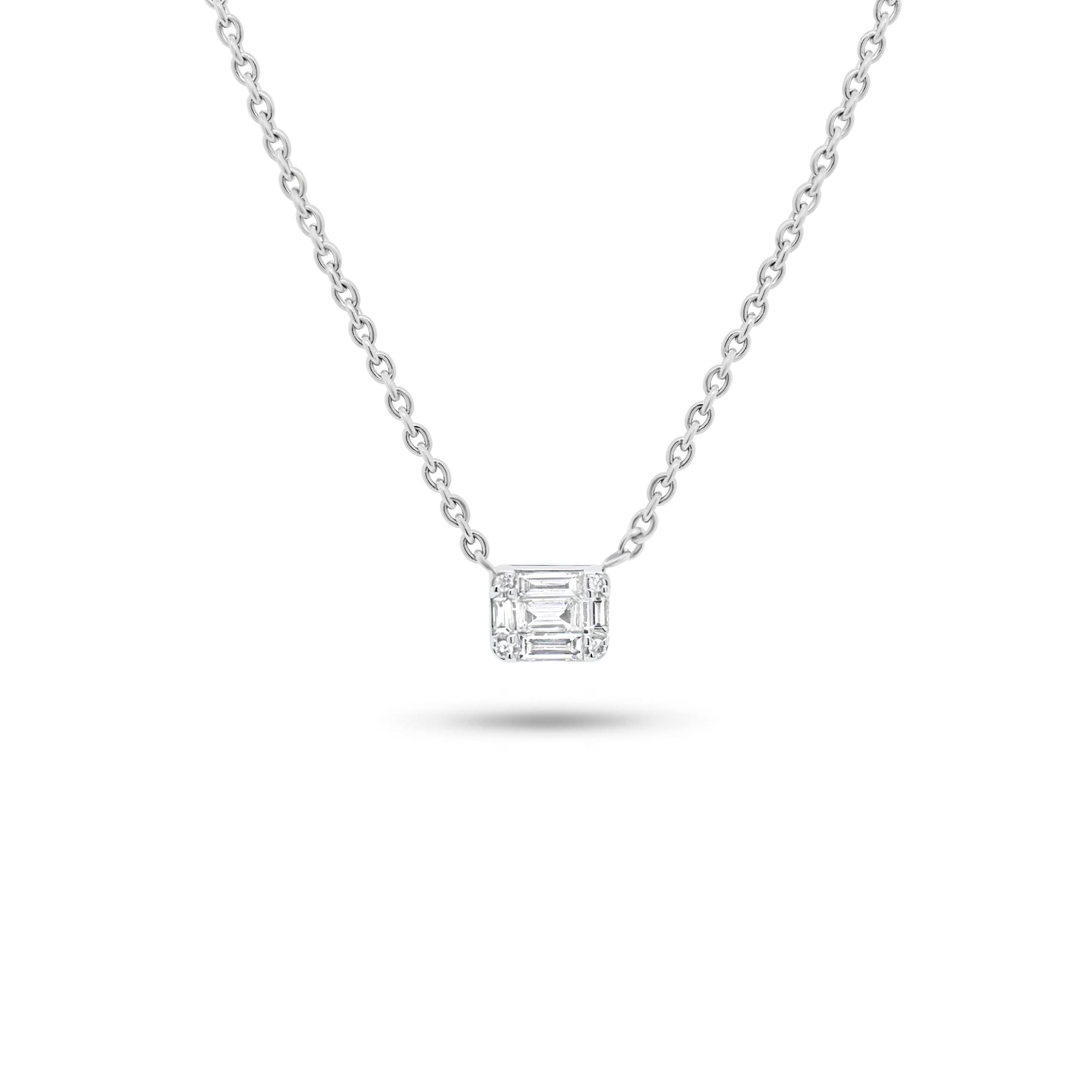 Emerald Illusion Pendant Necklace - 14K white gold weighing 2.24 grams - 4 round diamonds weighing 0.01 carats - 5 slim baguettes weighing 0.11 carats