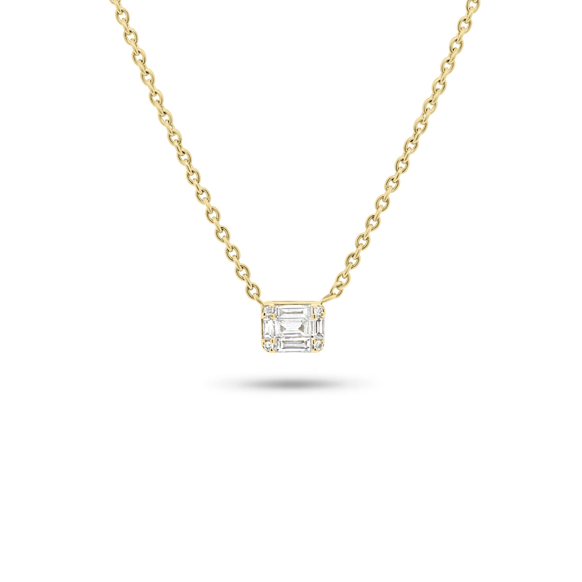 Emerald Illusion Pendant Necklace - 14K yellow gold weighing 2.24 grams - 4 round diamonds weighing 0.01 carats - 5 slim baguettes weighing 0.11 carats