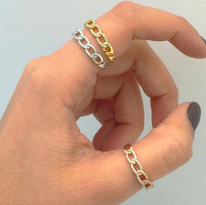 Female Model Wearing Diamond Cuban Link Ring  18k gold, 3.0 grams, 80 round shared prong-set diamonds .24 carats.
