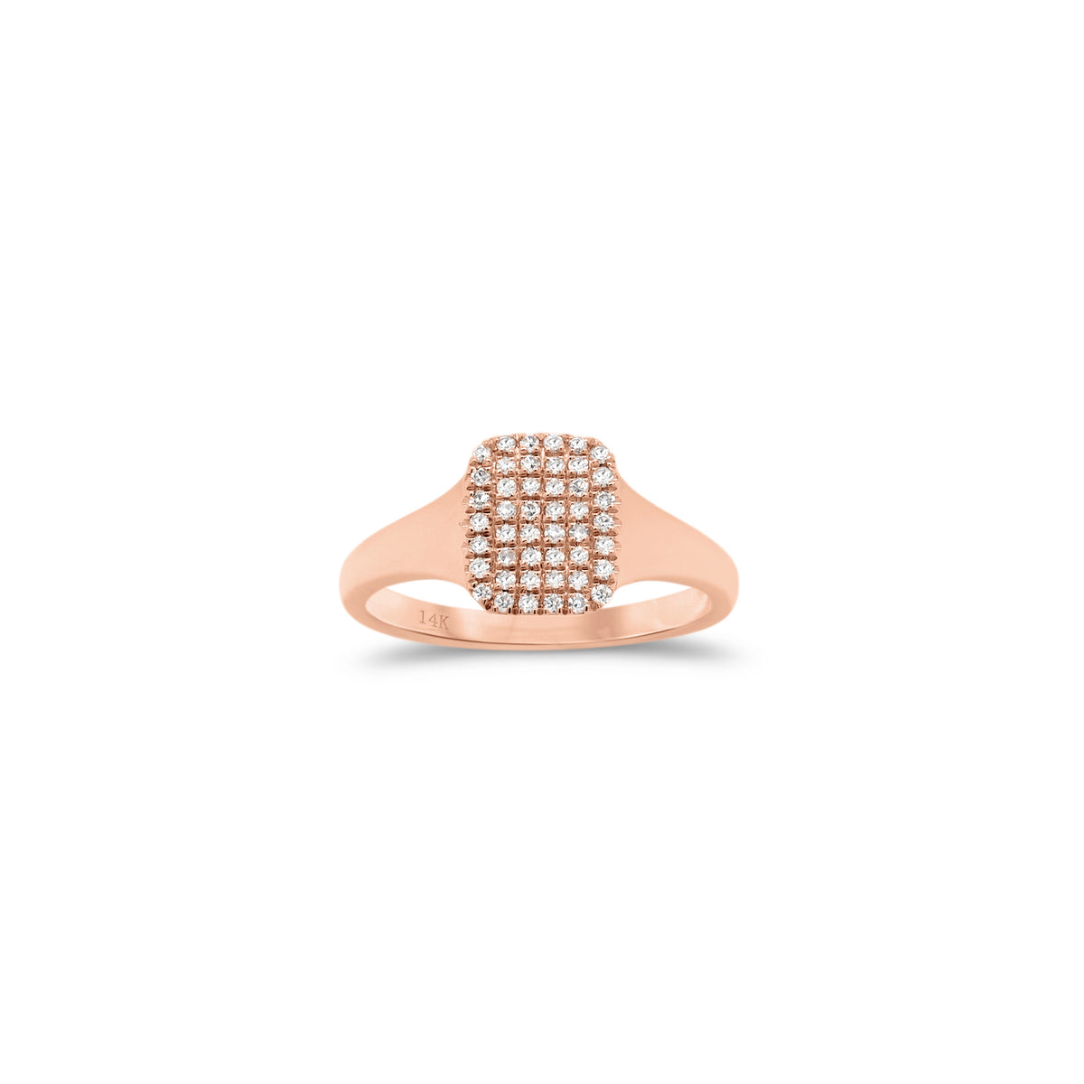 Diamond Signet Pinky Ring  - 14K rose gold weighing 1.84 grams  - 46 round diamonds totaling 0.12 carats