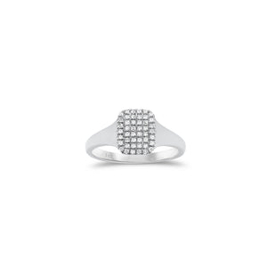 Diamond Signet Pinky Ring  - 14K white gold weighing 1.84 grams  - 46 round diamonds totaling 0.12 carats