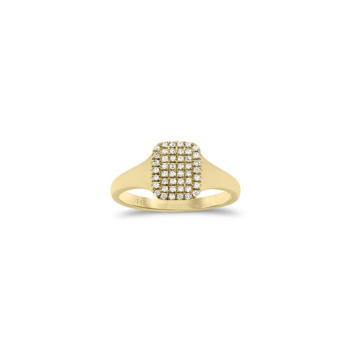 Diamond Signet Pinky Ring  - 14K yellow gold weighing 1.84 grams  - 46 round diamonds totaling 0.12 carats