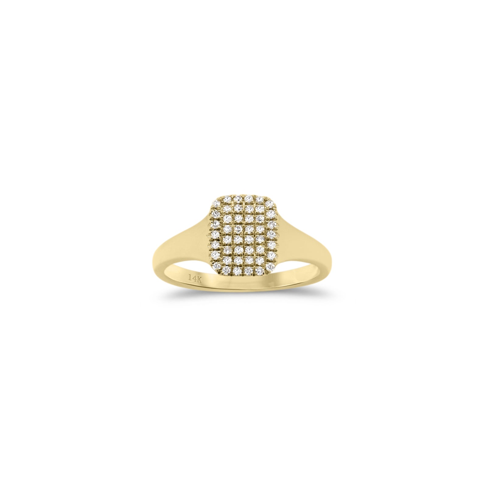Diamond Signet Pinky Ring  - 14K yellow gold weighing 1.84 grams  - 46 round diamonds totaling 0.12 carats