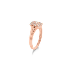Diamond Signet Pinky Ring  - 14K rose gold weighing 1.84 grams  - 46 round diamonds totaling 0.12 carats