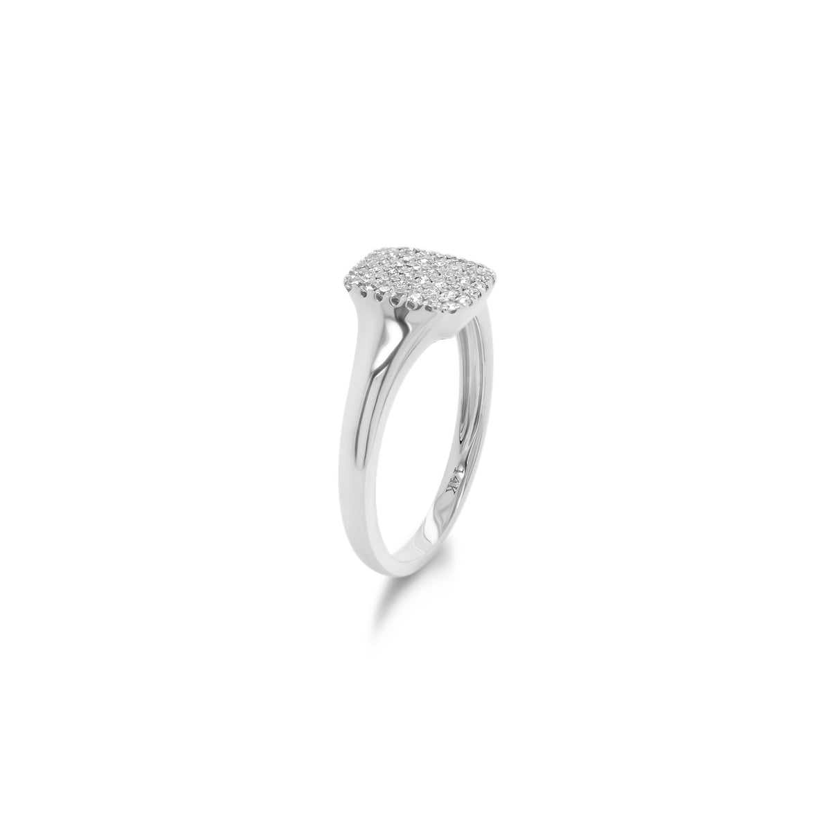 Diamond Signet Pinky Ring  - 14K white gold weighing 1.84 grams  - 46 round diamonds totaling 0.12 carats