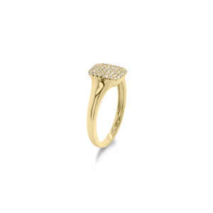 Diamond Signet Pinky Ring  - 14K yellow gold weighing 1.84 grams  - 46 round diamonds totaling 0.12 carats