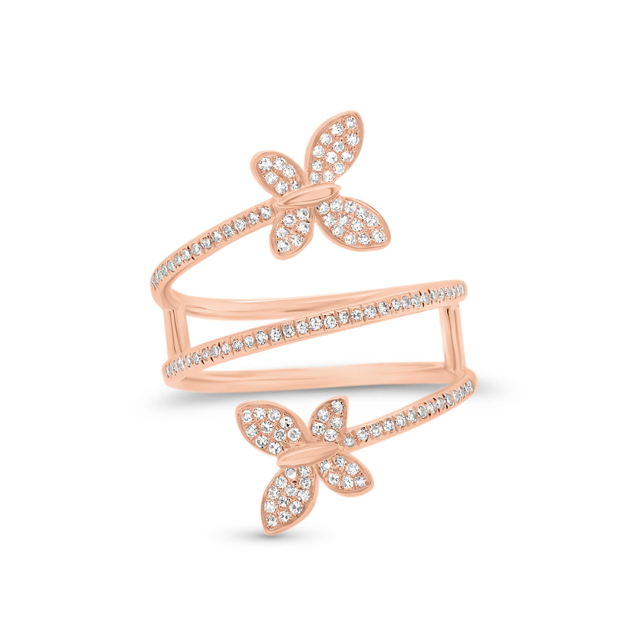 Diamond Butterfly Wrap Ring  - 14K gold weighing 3.48 grams  - 128 round diamonds totaling 0.28 carats