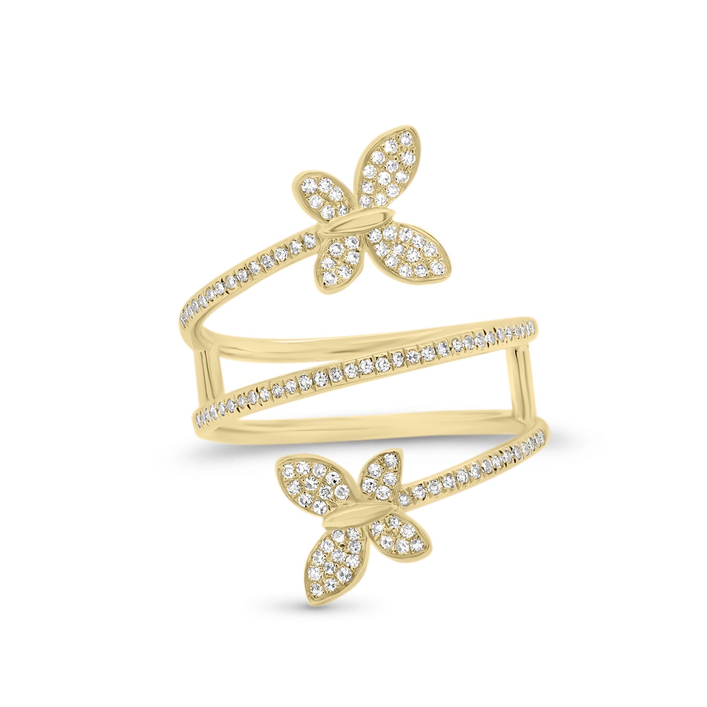 Diamond Butterfly Wrap Ring  - 14K gold weighing 3.48 grams  - 128 round diamonds totaling 0.28 carats