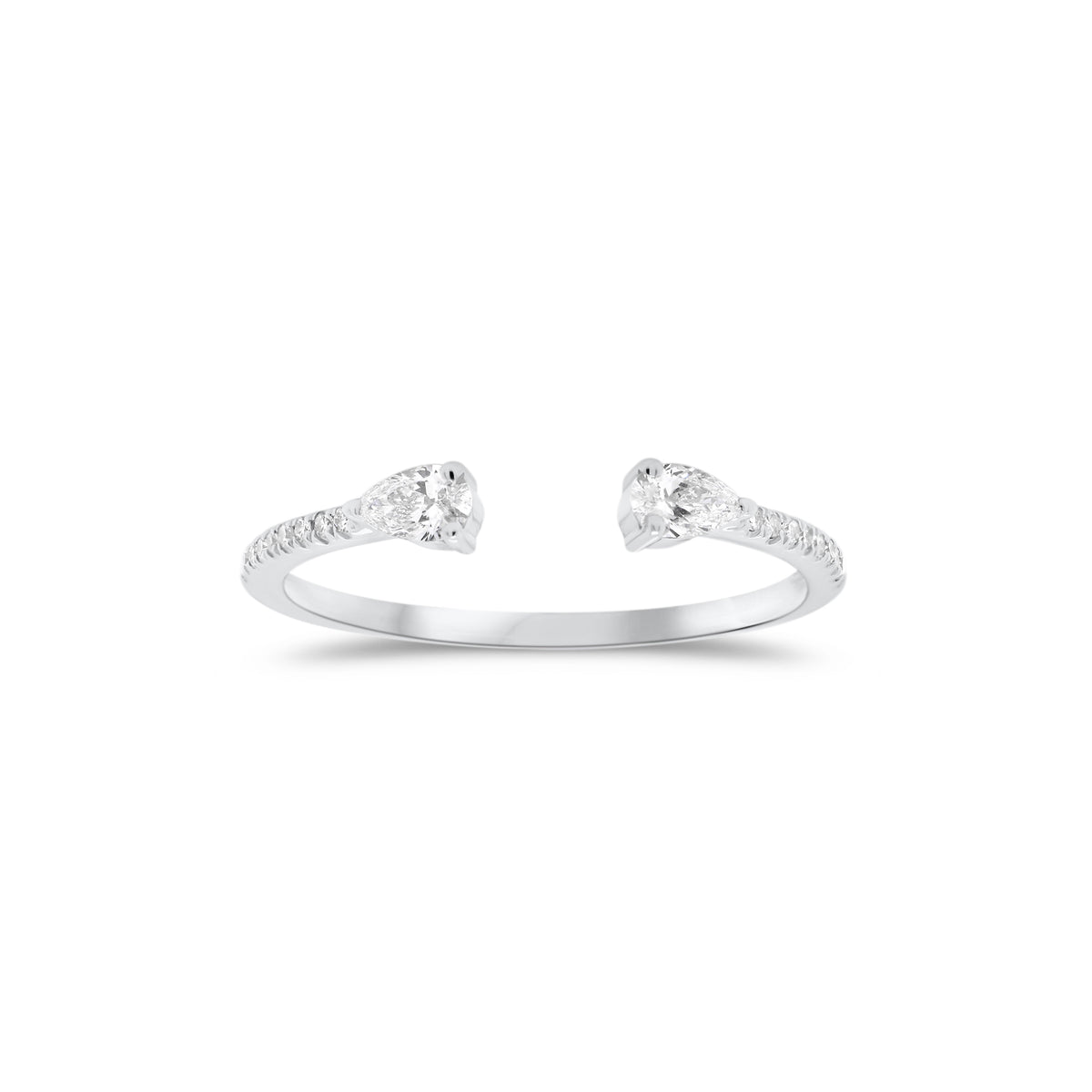Diamond Stackable Open Pinky Ring  - 14K gold weighing 1.10 grams  - 18 round diamonds totaling 0.05 carats  - 2 pear-shaped diamonds totaling 0.17 carats