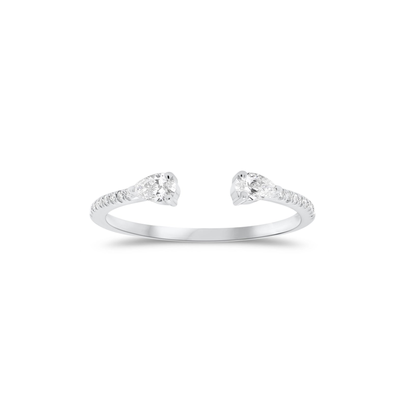 Diamond Stackable Open Pinky Ring  - 14K gold weighing 1.10 grams  - 18 round diamonds totaling 0.05 carats  - 2 pear-shaped diamonds totaling 0.17 carats