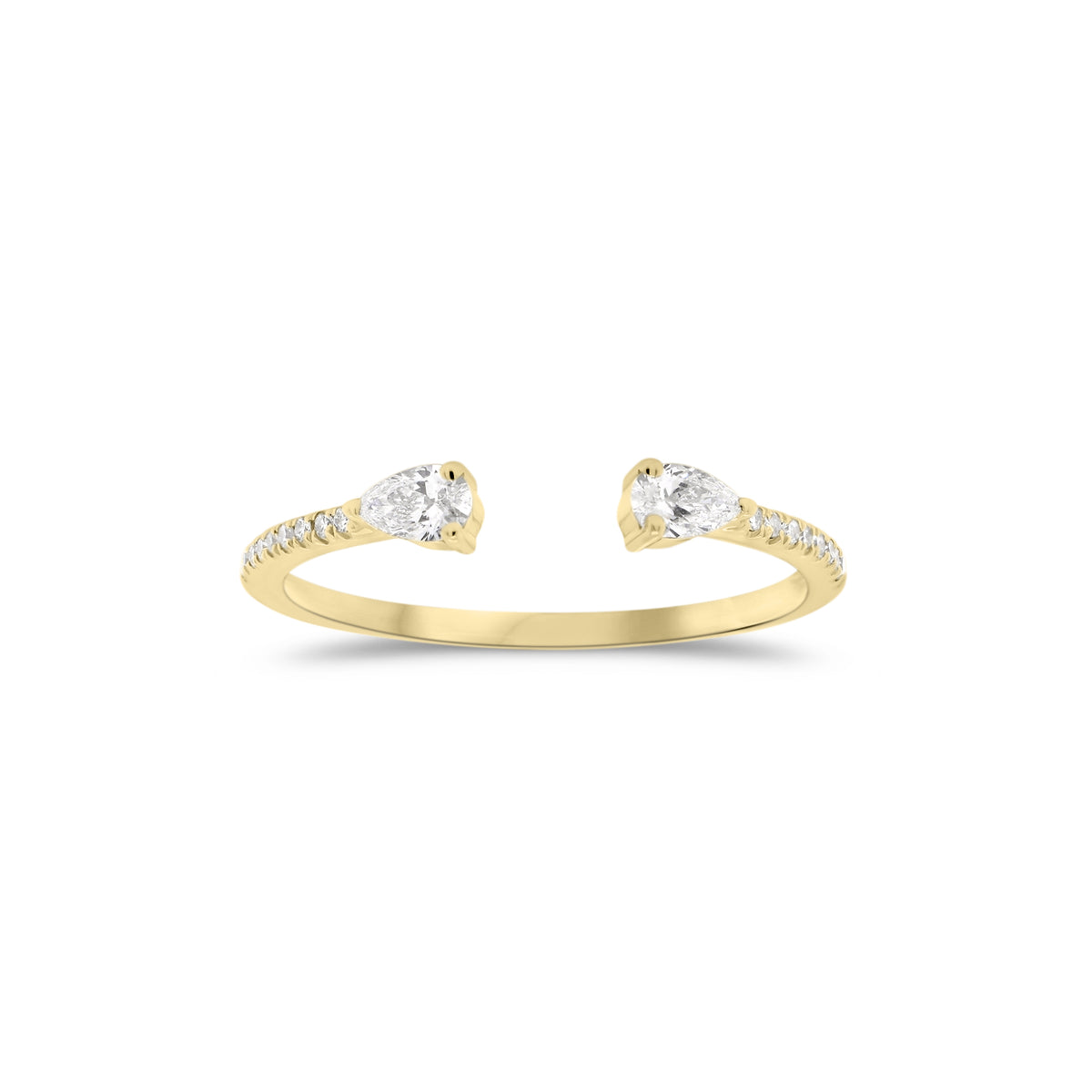 Diamond Stackable Open Pinky Ring  - 14K gold weighing 1.10 grams  - 18 round diamonds totaling 0.05 carats  - 2 pear-shaped diamonds totaling 0.17 carats