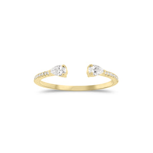Diamond Stackable Open Pinky Ring  - 14K gold weighing 1.10 grams  - 18 round diamonds totaling 0.05 carats  - 2 pear-shaped diamonds totaling 0.17 carats