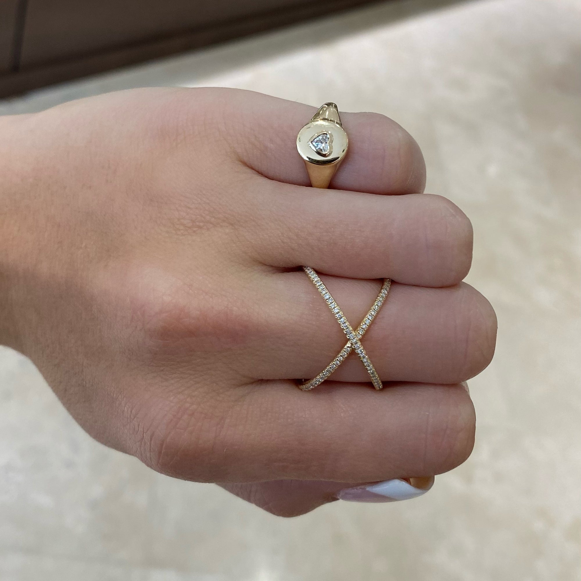 Diamond Heart Signet Ring  - 14K gold weighing 2.68 grams  - 0.15 ct heart-shaped diamond