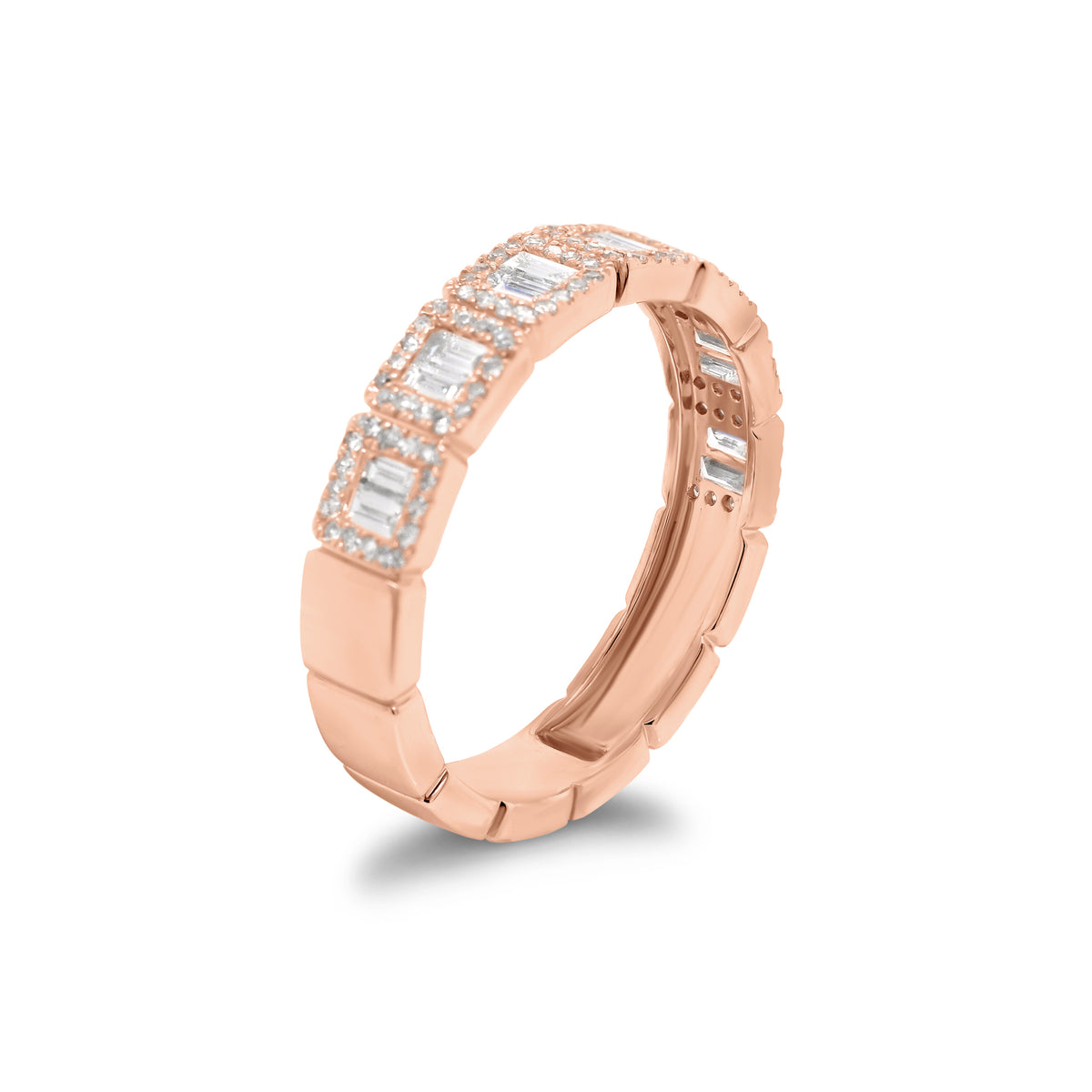 Baguette & Round Diamond Stackable Ring  - 14K gold weighing 2.75 grams  - 112 round diamonds totaling 0.20 carats  - 14 slim baguettes totaling 0.33 carats