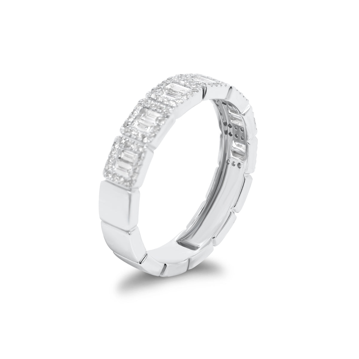 Baguette & Round Diamond Stackable Ring  - 14K gold weighing 2.75 grams  - 112 round diamonds totaling 0.20 carats  - 14 slim baguettes totaling 0.33 carats