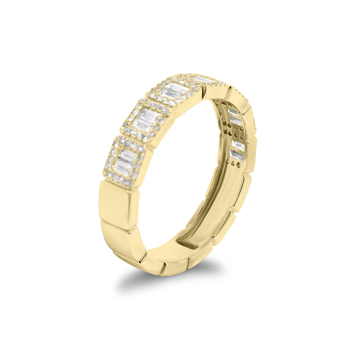 Baguette & Round Diamond Stackable Ring  - 14K gold weighing 2.75 grams  - 112 round diamonds totaling 0.20 carats  - 14 slim baguettes totaling 0.33 carats