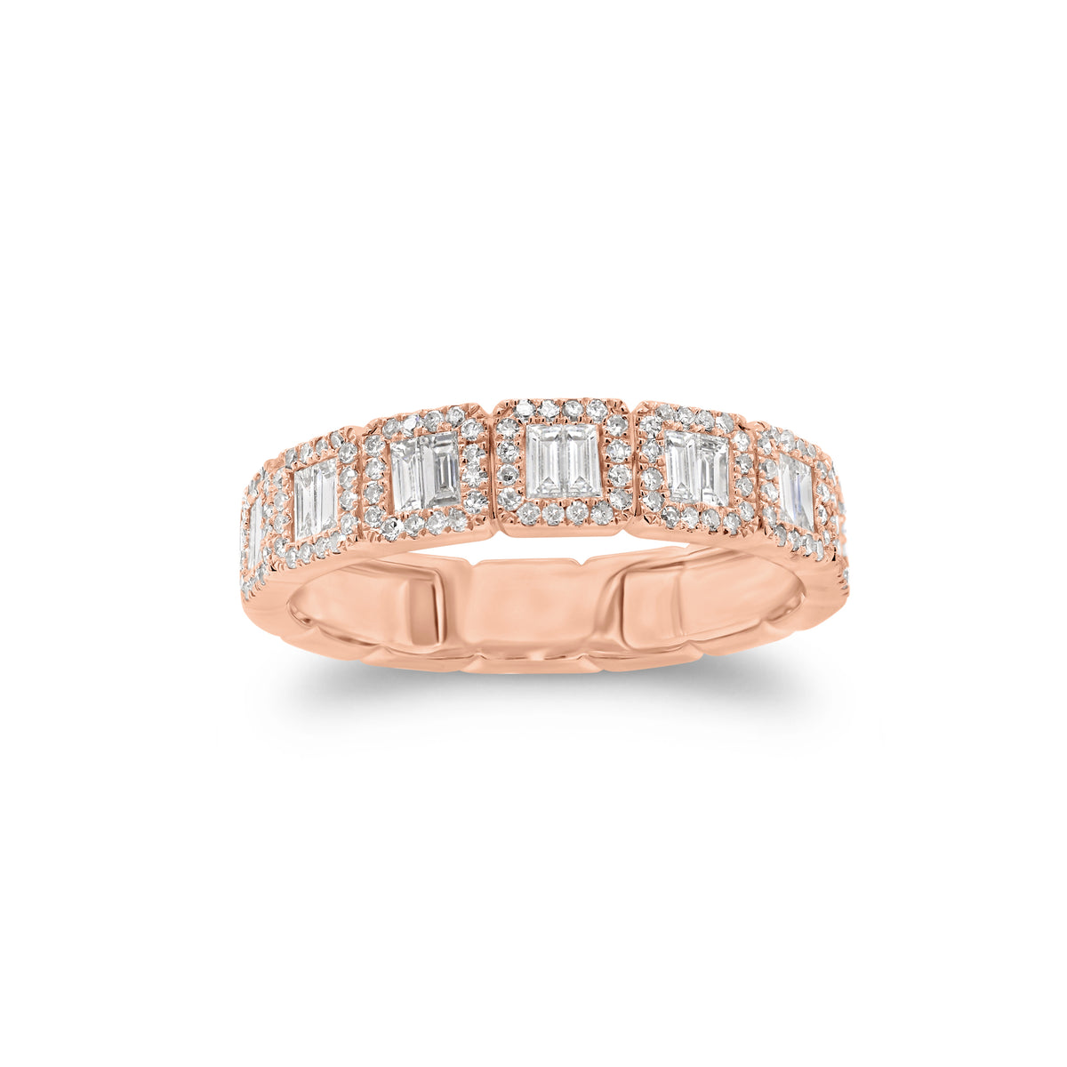 Baguette & Round Diamond Stackable Ring  - 14K gold weighing 2.75 grams  - 112 round diamonds totaling 0.20 carats  - 14 slim baguettes totaling 0.33 carats