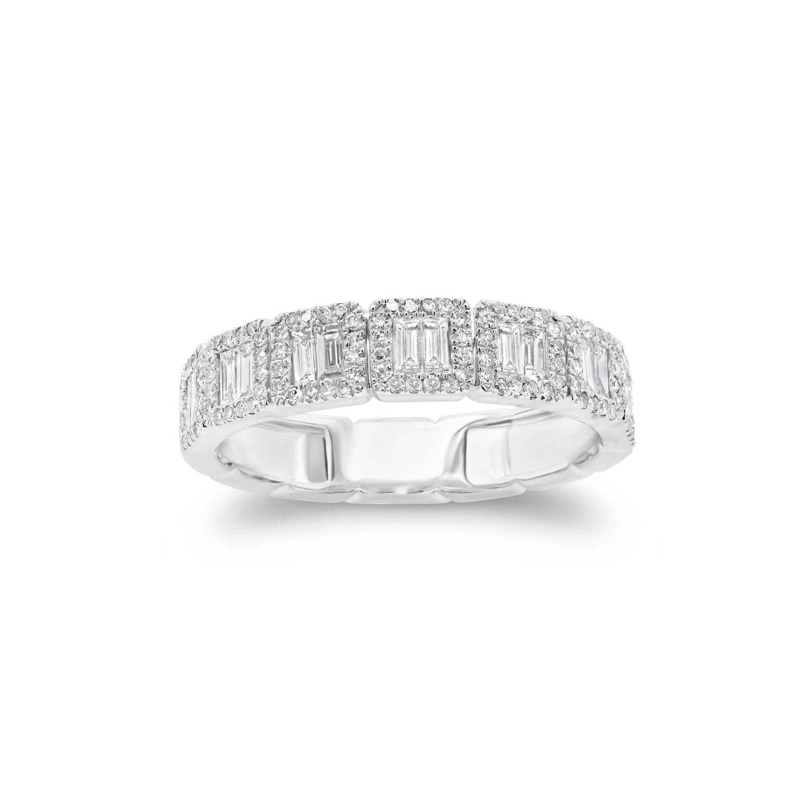 Baguette & Round Diamond Stackable Ring  - 14K gold weighing 2.75 grams  - 112 round diamonds totaling 0.20 carats  - 14 slim baguettes totaling 0.33 carats