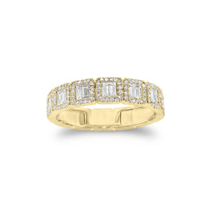 Baguette & Round Diamond Stackable Ring  - 14K gold weighing 2.75 grams  - 112 round diamonds totaling 0.20 carats  - 14 slim baguettes totaling 0.33 carats