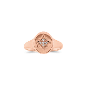 Diamond Starburst Signet Pinky Ring  - 14K gold weighing 2.08 grams  - 5 round diamonds totaling 0.02 carats