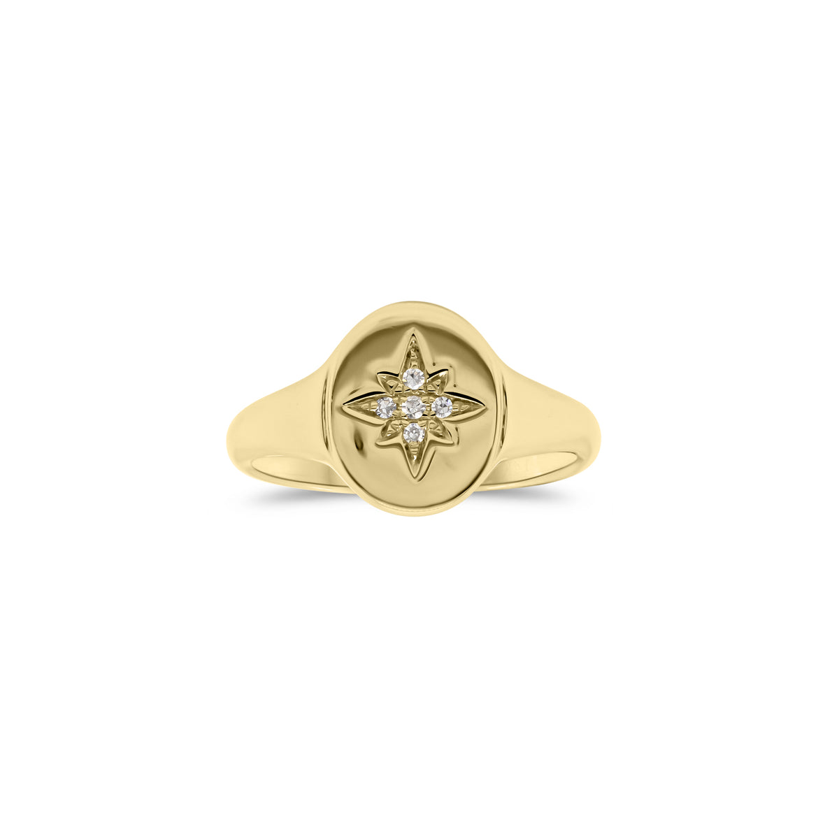 Diamond Starburst Signet Pinky Ring  - 14K gold weighing 2.08 grams  - 5 round diamonds totaling 0.02 carats