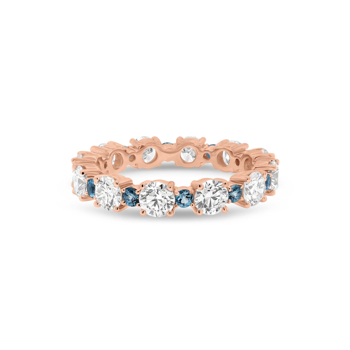 Classic Eternity Ring with Blue Aquamarine  - 18K gold weighing 3.07 grams  - 12 round diamonds totaling 2.13 carats  - 12 blue round aquamarine totaling 0.43 carats