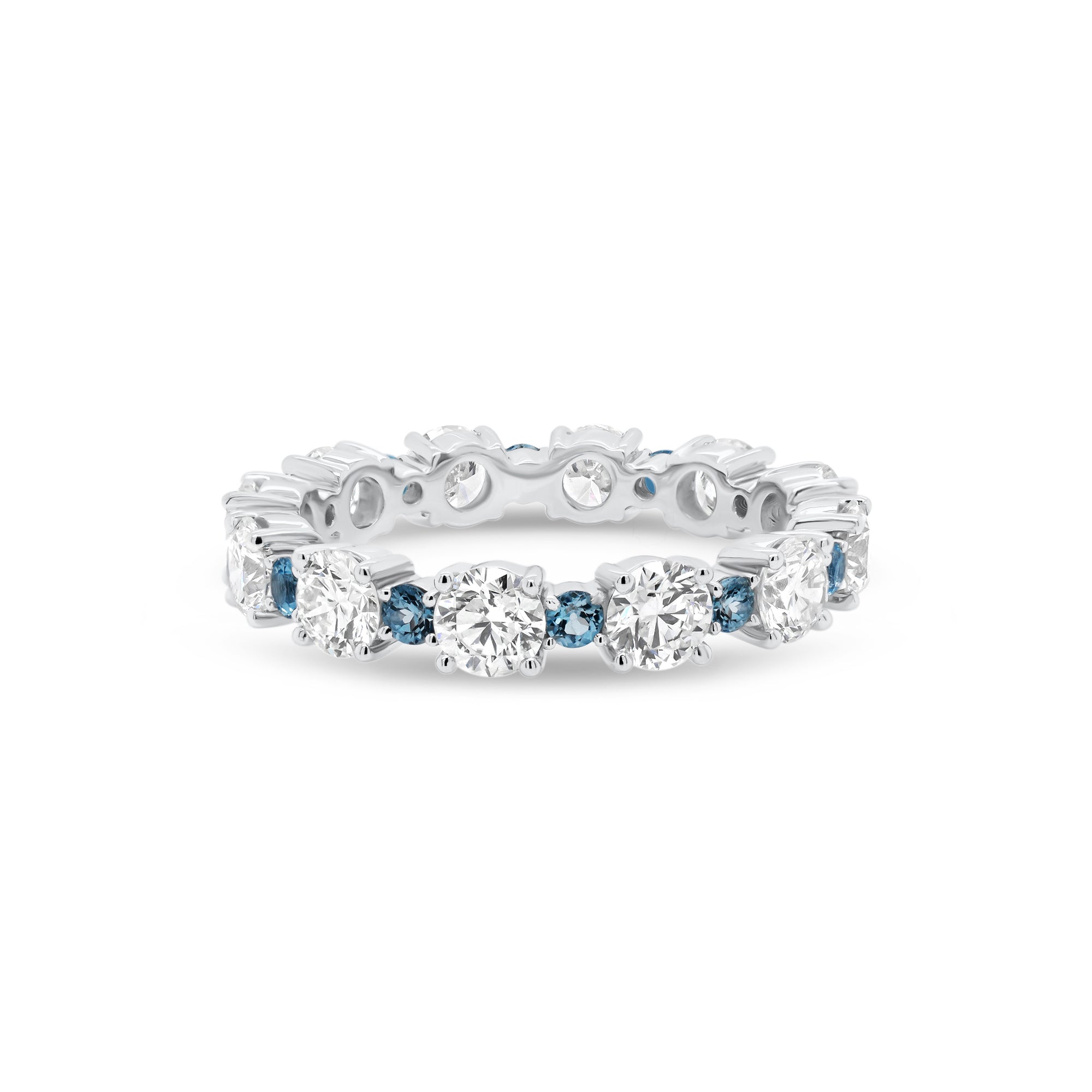 Classic Eternity Ring with Blue Aquamarine  - 18K gold weighing 3.07 grams  - 12 round diamonds totaling 2.13 carats  - 12 blue round aquamarine totaling 0.43 carats