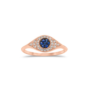 Diamond and Sapphire Evil Eye Ring  - 14K gold weighing 1.74 grams  - 24 round diamonds totaling 0.16 carats  - 7 sapphires totaling 0.10 carats
