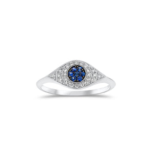 Diamond and Sapphire Evil Eye Ring  - 14K gold weighing 1.74 grams  - 24 round diamonds totaling 0.16 carats  - 7 sapphires totaling 0.10 carats