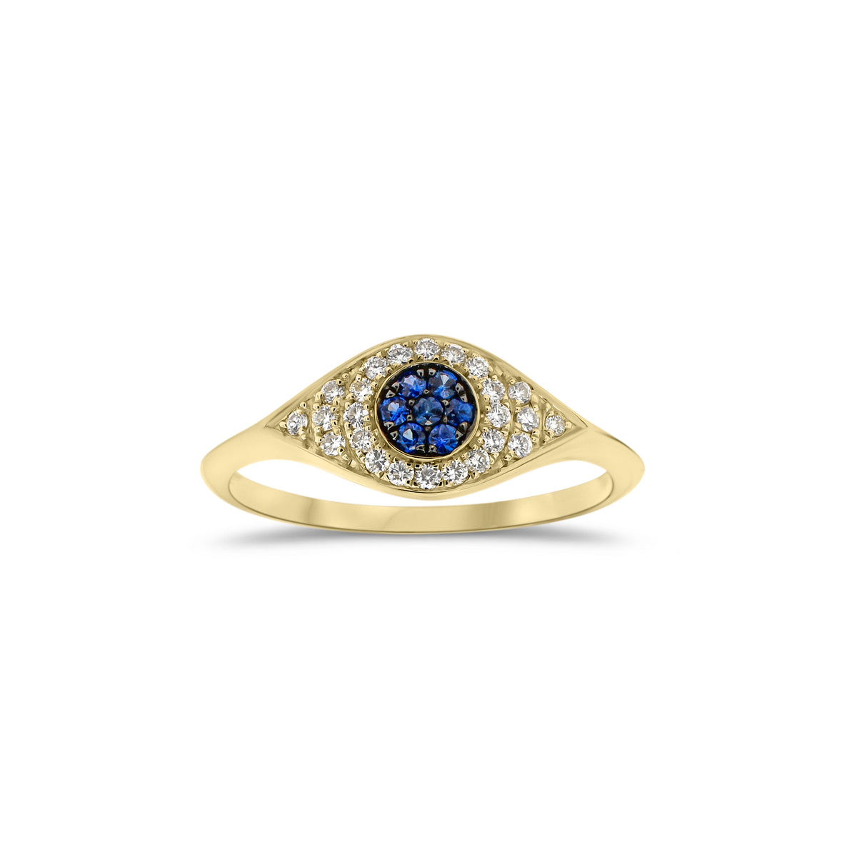 Diamond and Sapphire Evil Eye Ring  - 14K gold weighing 1.74 grams  - 24 round diamonds totaling 0.16 carats  - 7 sapphires totaling 0.10 carats